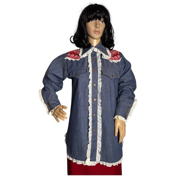 Vintage Bar C authentic western denim shirt dagger collar eyelet trim size med - Picture 3 of 17